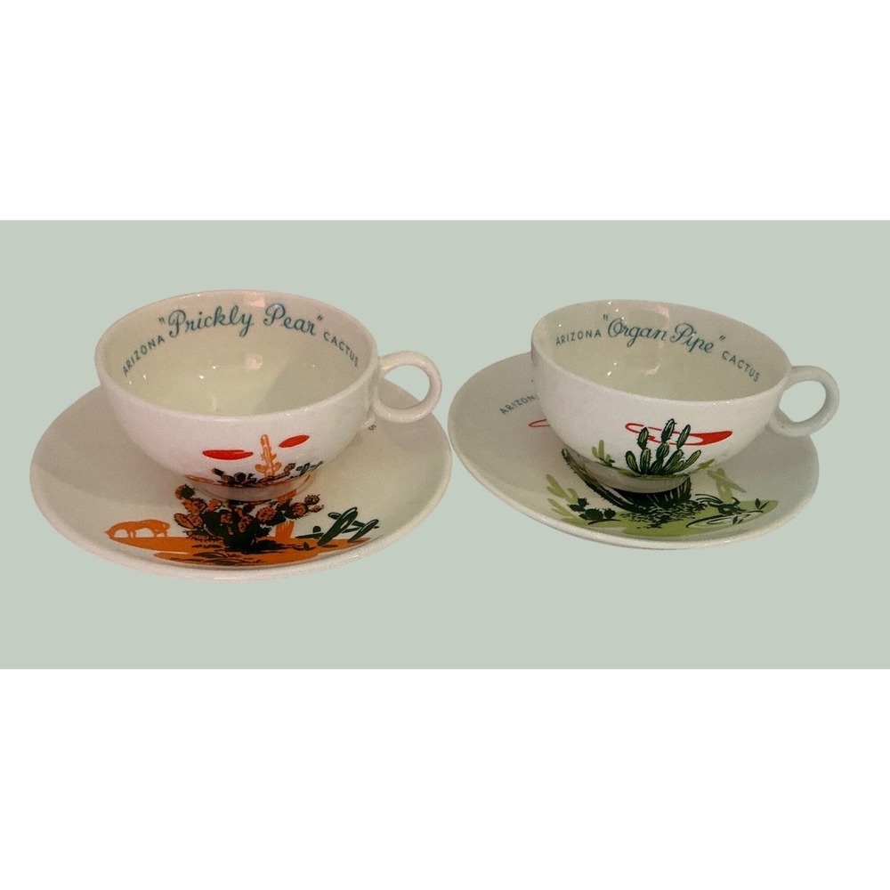 Universal Potteries Vintage Arizona Cactus Teacup Saucer Set Prickly Pear 2pc‎